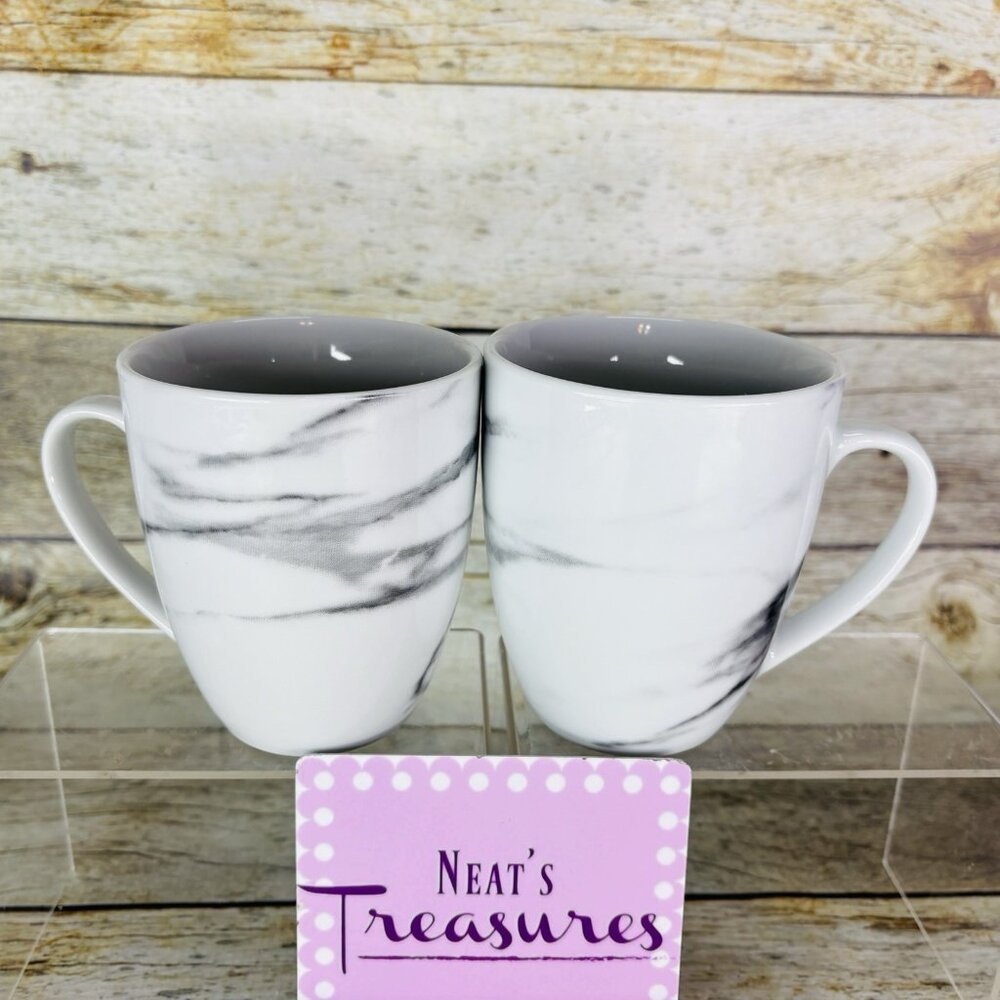 H2K Home To Kitchen MARBLE Design White Gray 14oz Porcelain Cup Mugs Set of 2